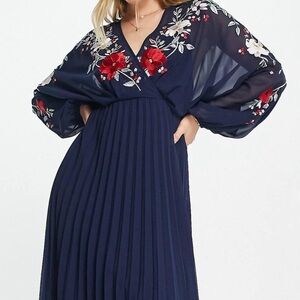 ASOS DESIGN embroidered blouson open back pleated midi dress